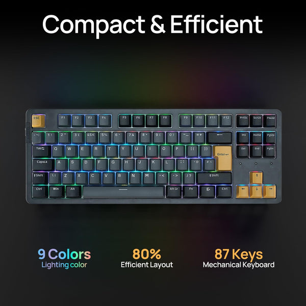 ARZOPA Wireless Mechanical Gaming Keyboard, 87 Keys RGB Backlit Gasket Mount PC Gaming, UK Layout, Compact Hot-Swappable Mechanical Keyboard, Sound Absorbing Pads, Custom Switch