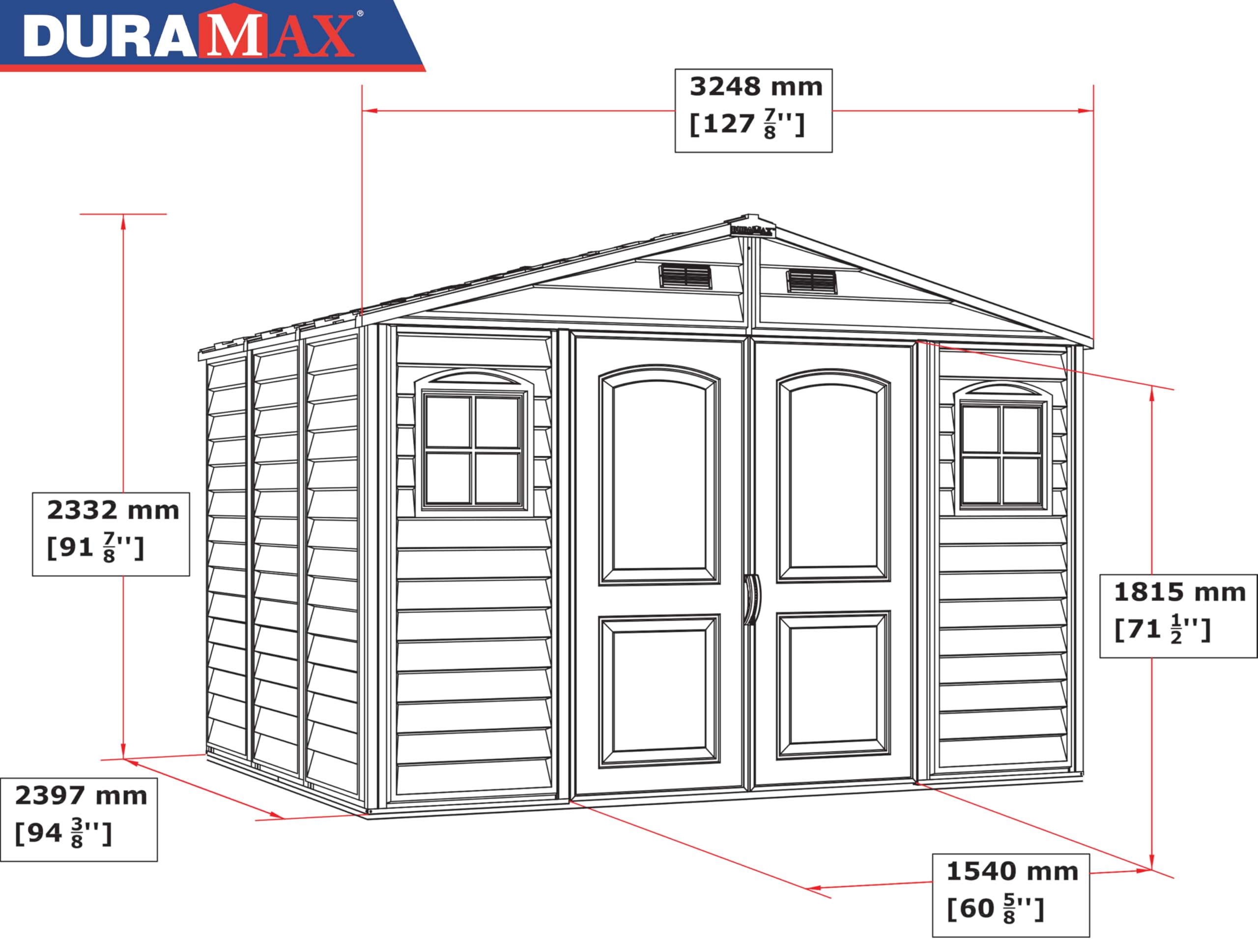 Duramax WoodSide 10 x 8 (8.02 m2) Plastic Garden Shed with 3 Fixed Windows & Metal Foundation Kit, Strong Metal Roof Structure Fire Retardant and Maintenance-Free Storage Shed - Ivory/Brown