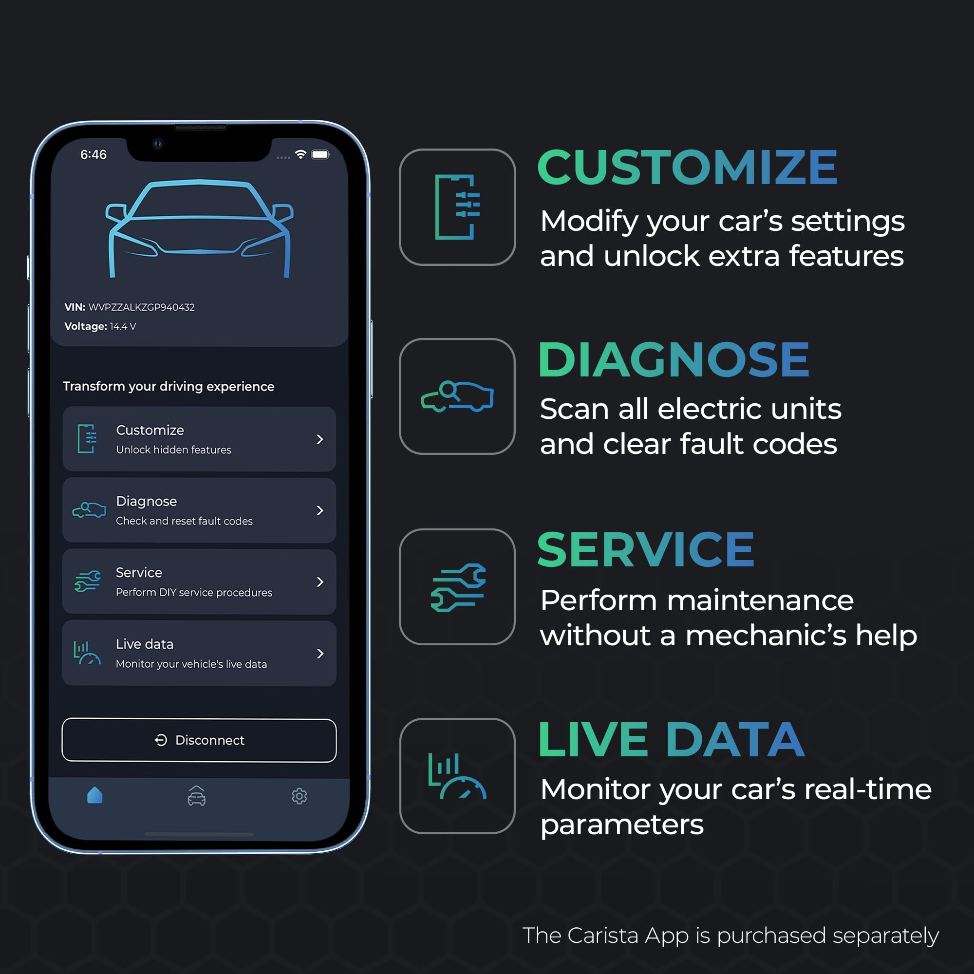 Carista EVO - Bluetooth OBD2 Scanner - Car Scanner Diagnostic Tool and Code Reader with Access to Diagnostics, Customizations, Service Tools, and Live Data