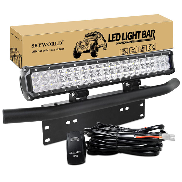 SKYWORLD LED Light Bar, 20 inch 126W Spot Flood Combo Beam Work Driving Lamp with Black License Plate Mounting Bracket Wiring Harness Kit for Truck Car ATV SUV 4X4 Truck Boat