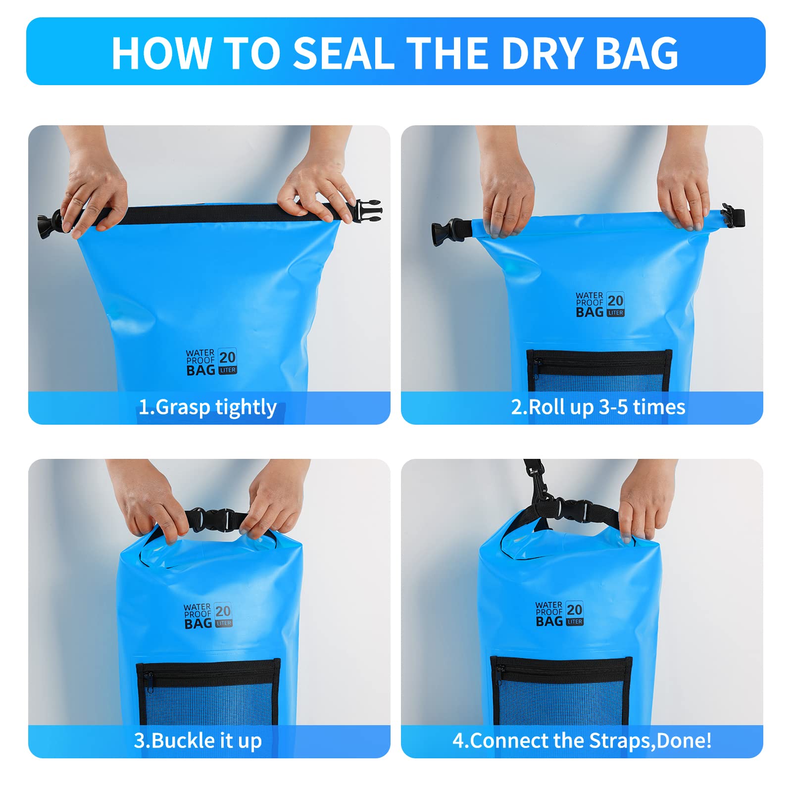 Bojury Waterproof Dry Bag Backpack 30L with Mesh Pocket Adjustable Strap - Roll Top Portable Dry Sack for Kayaking Boat Tour Canoe Swimming Snow Boarding-Blue Fishing Rafting