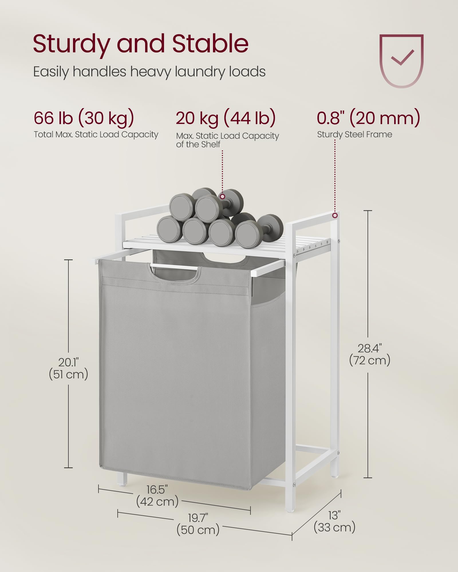 VASAGLE Laundry Basket, Laundry Hamper, Pull-Out and Removable Liner Bag, Shelf, Metal Frame, 65 L, 50 x 33 x 72 cm, Ink Black and Rustic Brown BLH101B01