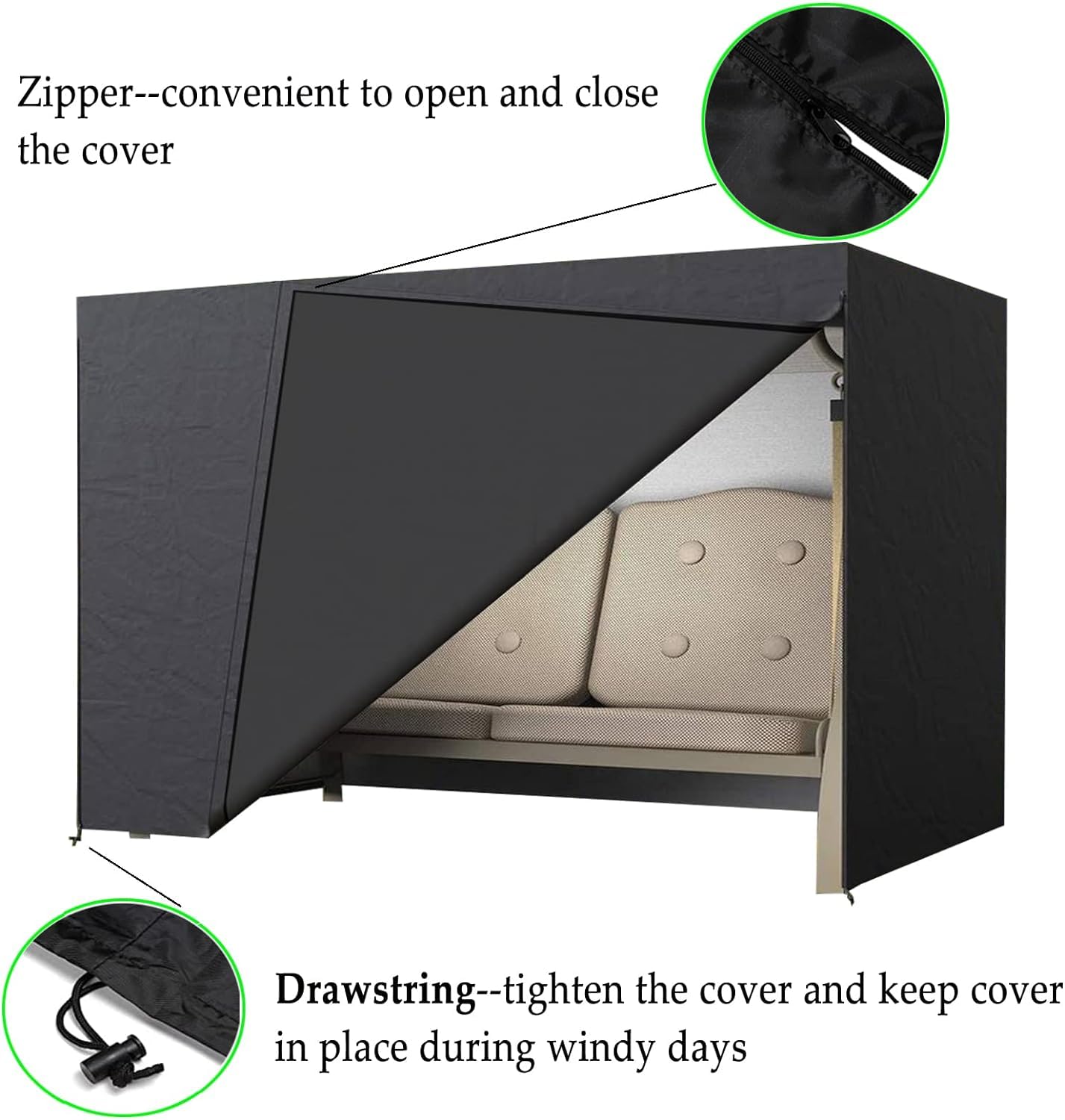 LCGOD Garden Swing Cover 3-Seater Waterproof Hammock Cover with Zips, Black 600D Oxford Fabric Outdoor Swing Seat Cover Dustproof Snowproof Windproof