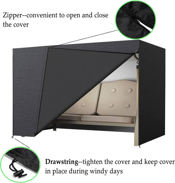 LCGOD Garden Swing Cover 3-Seater Waterproof Hammock Cover with Zips, Black 600D Oxford Fabric Outdoor Swing Seat Cover Dustproof Snowproof Windproof