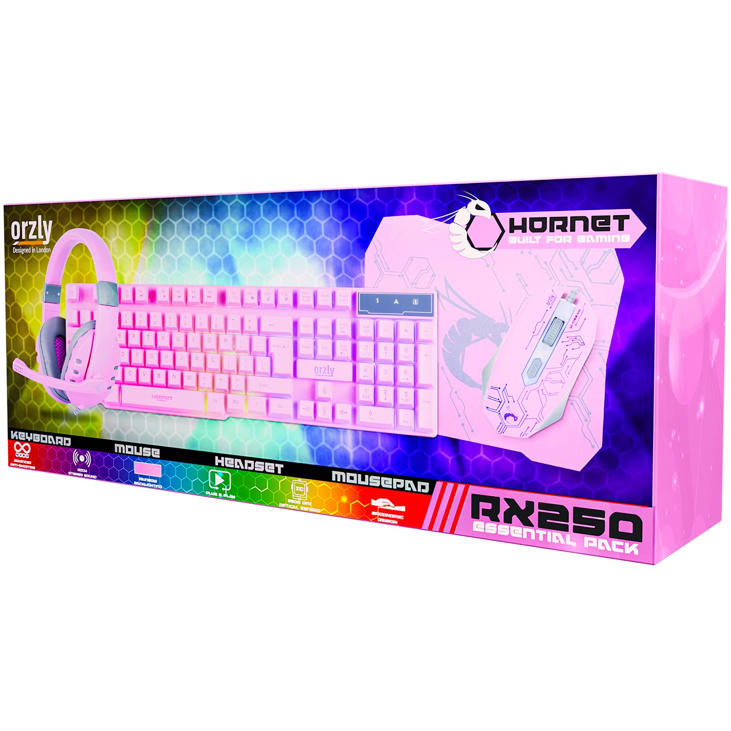 Gaming Keyboard and Mouse and Mouse pad and Gaming Headset, Wired LED RGB Backlight Bundle for PC Gamers Users - 4 in 1 Gift Box Edition Hornet RX-250