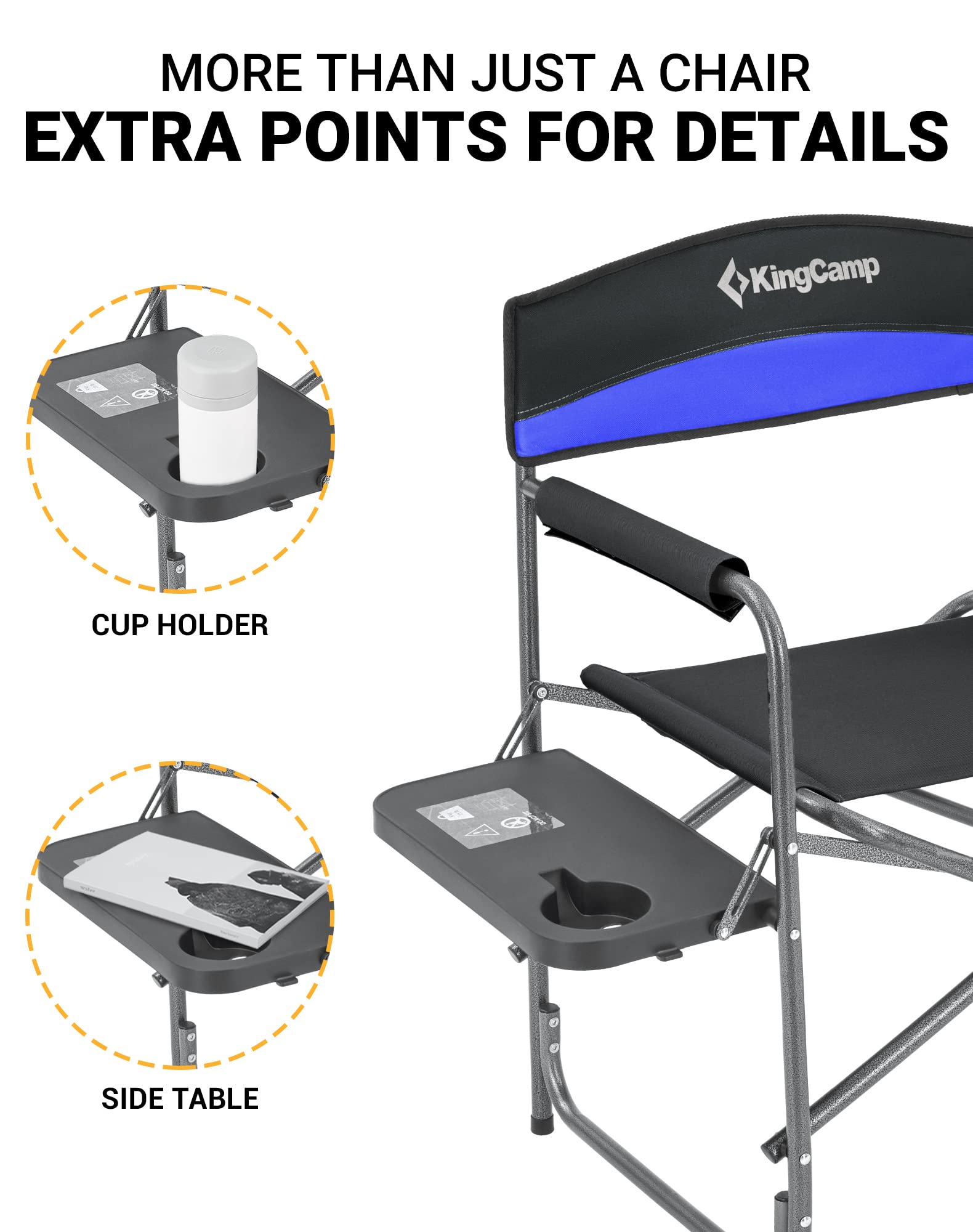 KingCamp Folding Camping Chairs for Adluts Heavy Duty Directors Chair with Cooler Bag and Side Table Support up to 150KG