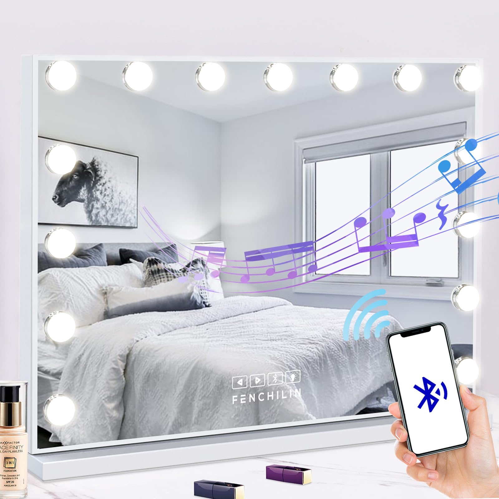 FENCHILIN Vanity Mirror with Lights Bluetooh Speaker Hollywood Mirror with Lights 15 LED USB Charging Port 3 Color Modes Dimmable Touch Control 10x