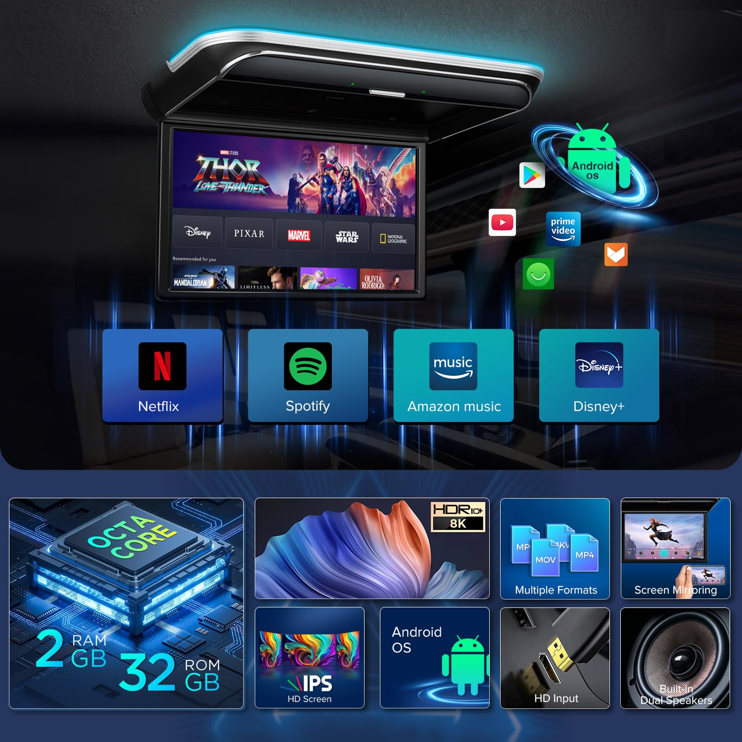 XTRONS 17.3-inch FHD Android 9.0 Car Overhead Flip Down Mount Monitor 8K 1080P IPS Screen Octa-core Car Roof Multimedia Player Car Video With Superior Sound and Screen Mirroring Support HDMI/USB/AV/IR