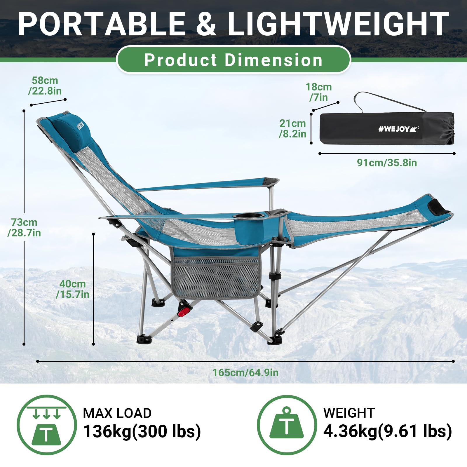 #WEJOY Camping Chairs Folding Recliner Chair Adjustable with Detachable Footrest Headrest Cup Holder Lightweight Portable Reclining Camp Chair Fold Up Chair for Outdoor Beach Garden, Cyan Set of 2