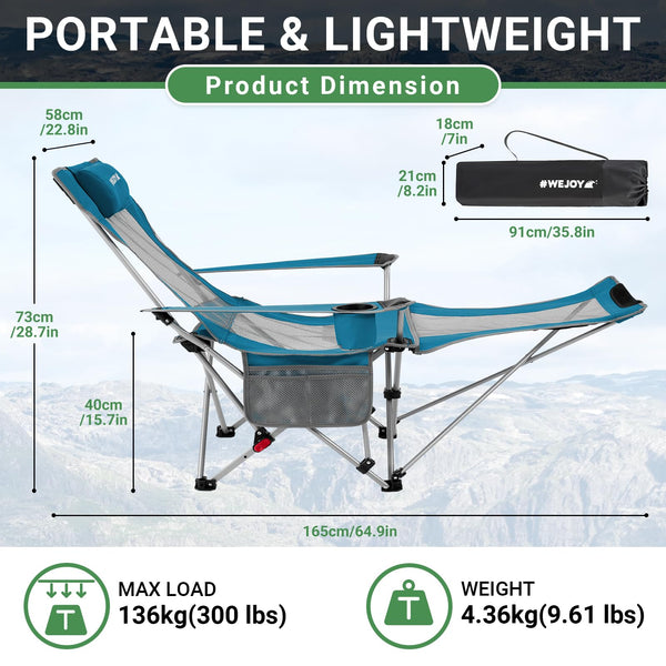 #WEJOY Camping Chairs Folding Recliner Chair Adjustable with Detachable Footrest Headrest Cup Holder Lightweight Portable Reclining Camp Chair Fold Up Chair for Outdoor Beach Garden, Cyan Set of 2
