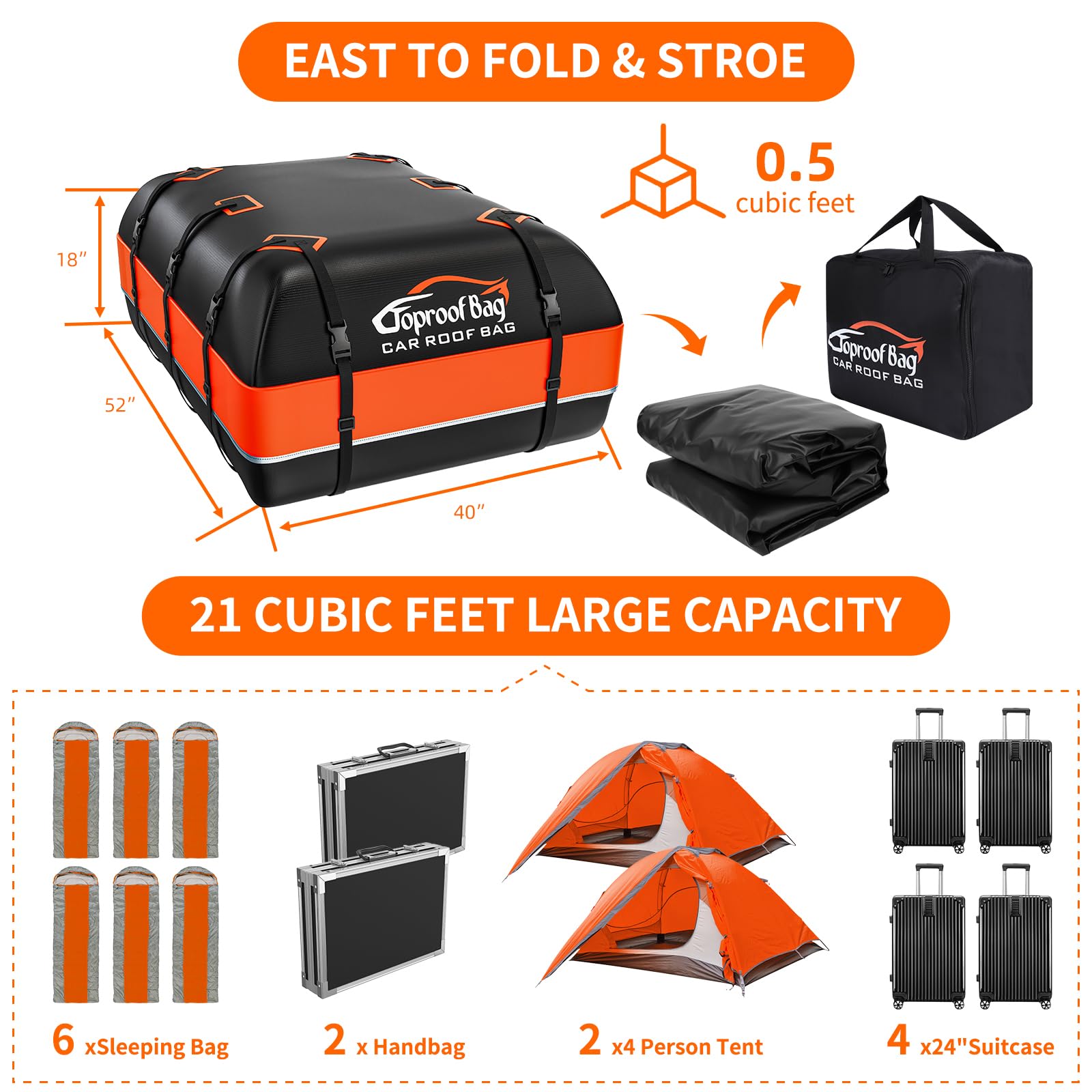 Car Roof Box, 21 Cubic Feet Roof Bag, 1000D Waterproof Heavy Duty Tear-Resistant Fabric, Rooftop Cargo Carrier for All Vehicle with/without Racks, Included Luggage lock, Anti-Slip Mat, 6 Door Hooks.