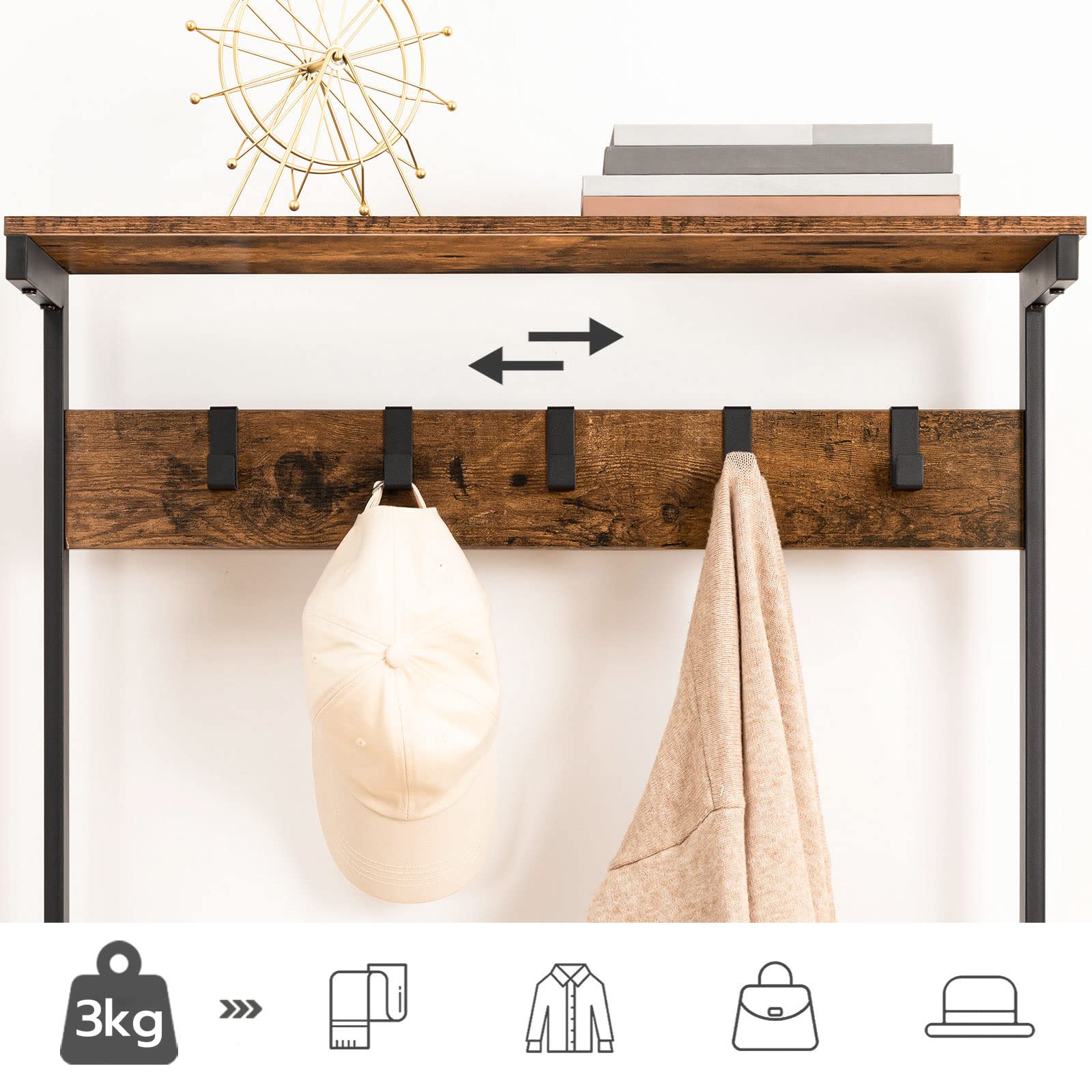 HOOBRO Coat Stand, Coat Rack with Shoe Storage, Industrial Hall Tree, Large Hall Stand, 5 Removable Hooks, Wood Accent Top Shelf, Entryway Storage