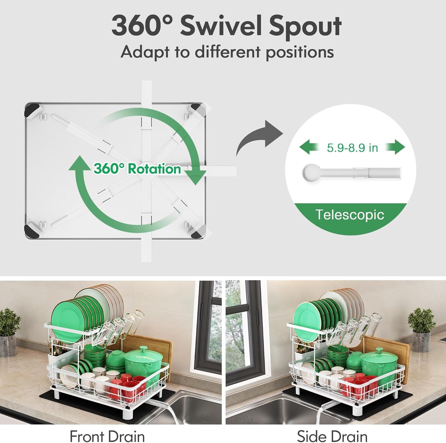 2 Tier Dish Drainer Rack, 2 Tier Dish Drainer with Drip Tray and Drying Mat, Stainless Steel Dish Drying Rack with 360 Swivel Drainage Spout, Utensil