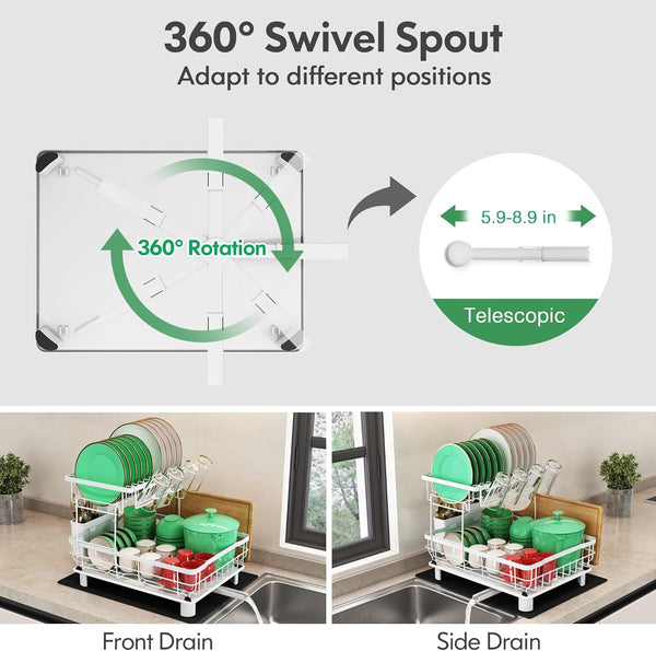 2 Tier Dish Drainer Rack, 2 Tier Dish Drainer with Drip Tray and Drying Mat, Stainless Steel Dish Drying Rack with 360 Swivel Drainage Spout, Utensil