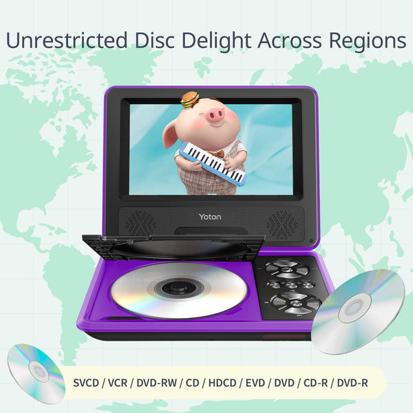 9.5" Portable DVD Player with 7.5" HD Swivel Screen for Car and Kids, 4-6 Hours Working time with Built-in Battery, Headphone/AV-IN/AV-OUT/USB/SD Card [Not Support Blu-ray]