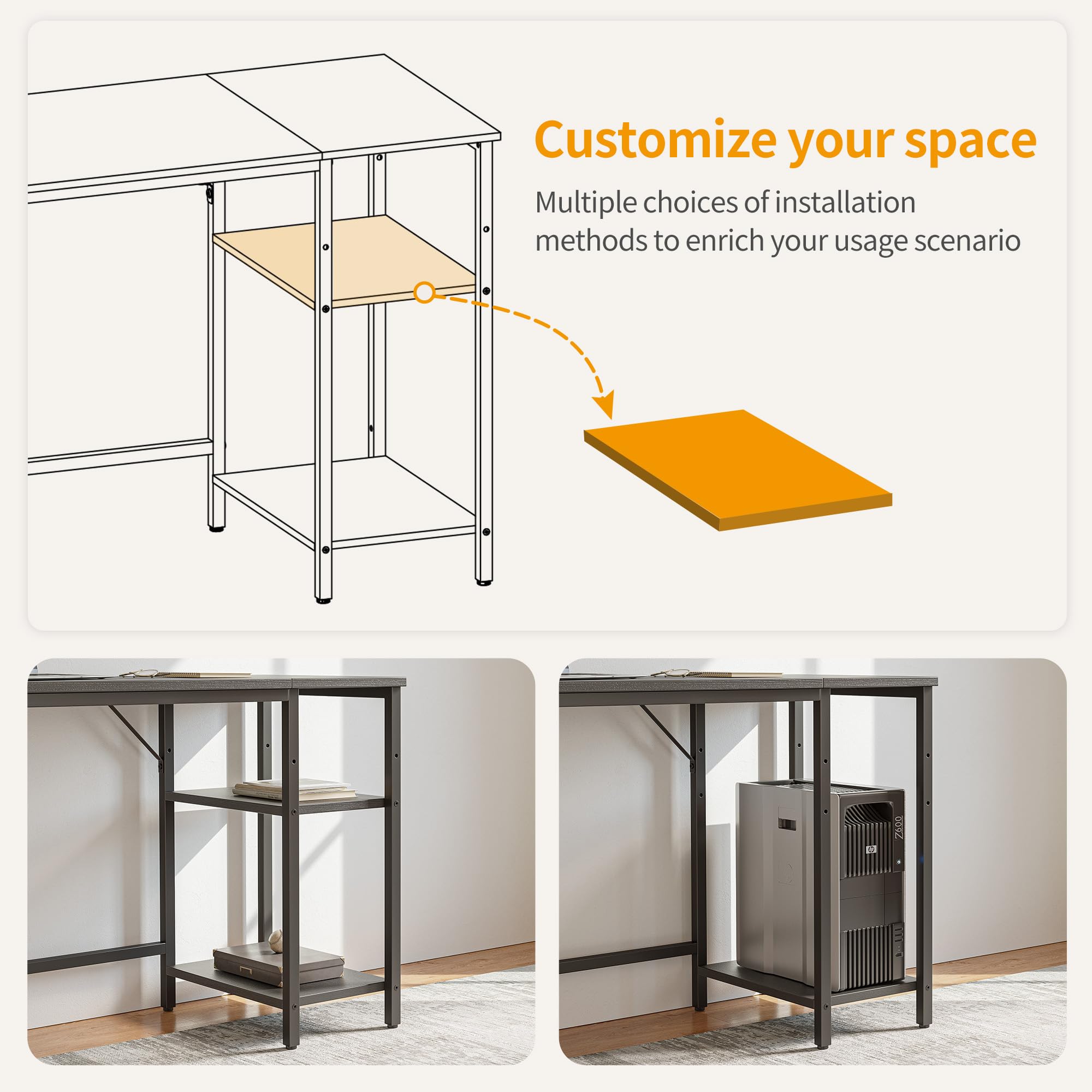 CubiCubi Computer Desk with Monitor Stand and Storage Shelves, 120cm Home Office Desk Study Writing Table, White