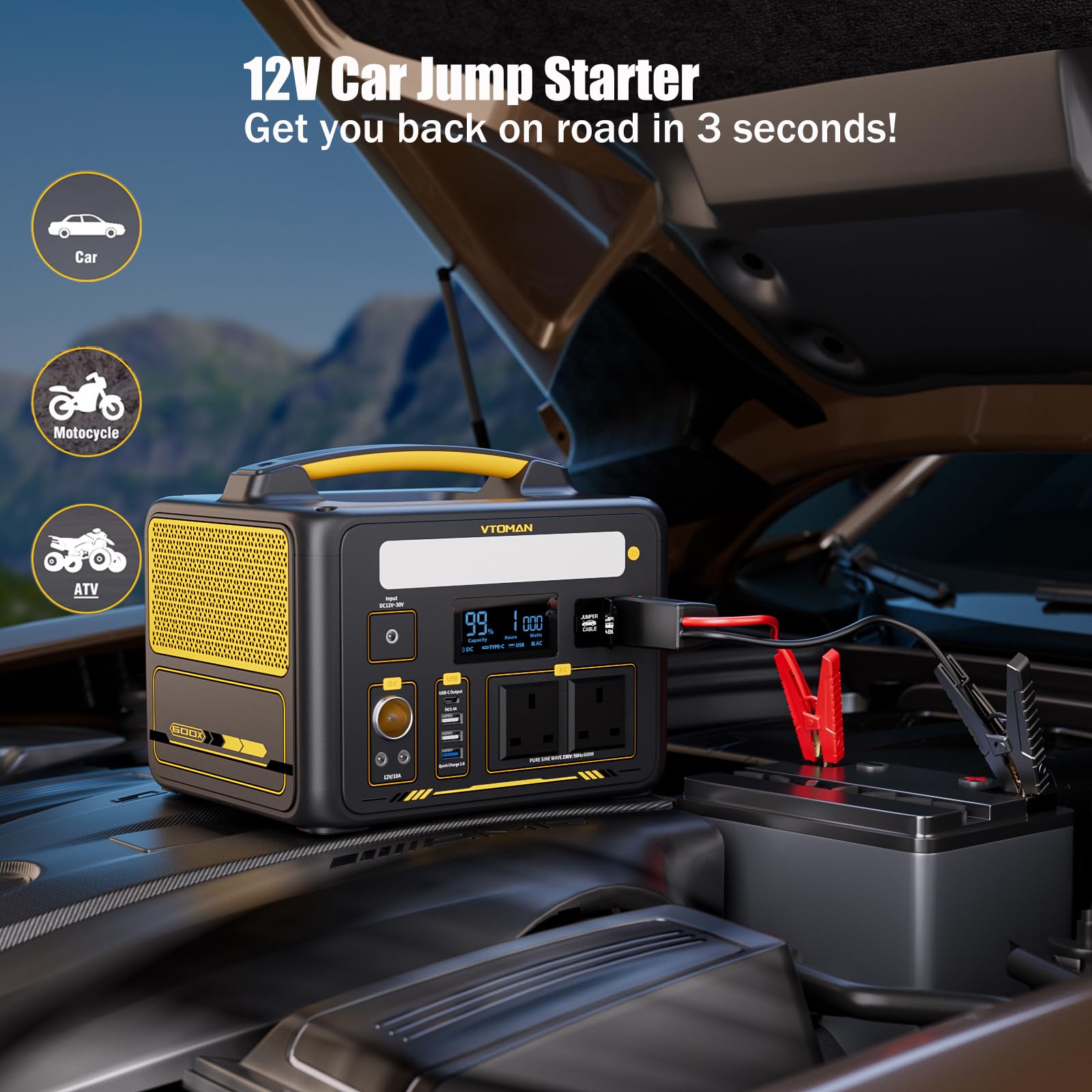 VTOMAN Jump 600X Portable Power Station 600W - 299Wh Solar Generator LiFePO4 Battery Power Station with 600W Pure Sine Wave (Surge 1200W) AC Outlet, PD 60W USB-C, 3x Regulated 12V/10A DC for Camping