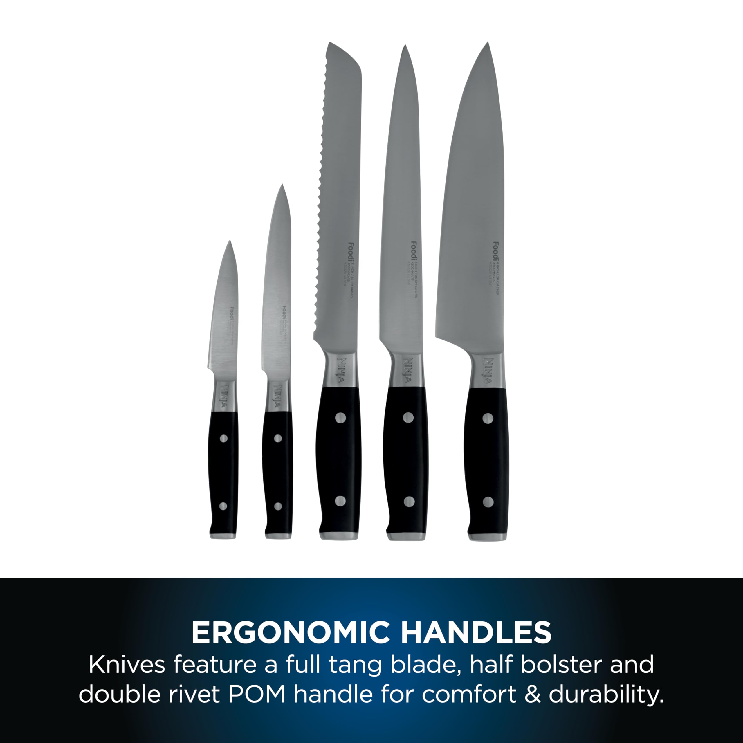 Ninja Foodi StaySharp Knife Block with Integrated Sharpener, 5-Piece Knife Set includes Chef, Bread, Slicing, Utility, Paring Knives, Stainless Steel K32005UK, Black