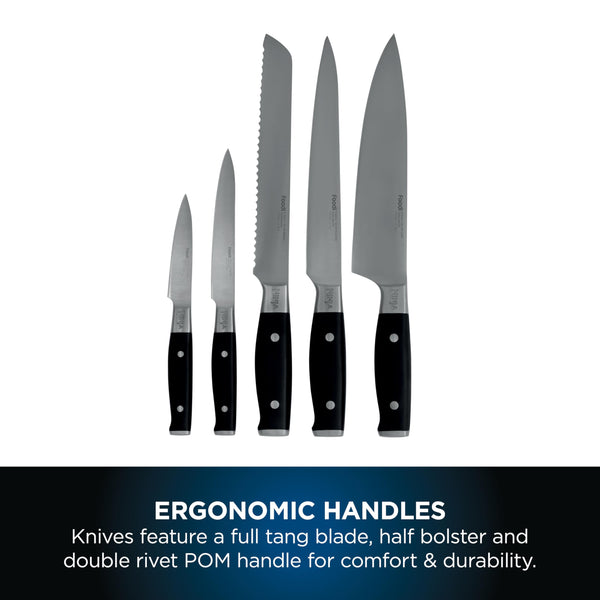 Ninja Foodi StaySharp Knife Block with Integrated Sharpener, 5-Piece Knife Set includes Chef, Bread, Slicing, Utility, Paring Knives, Stainless Steel K32005UK, Black