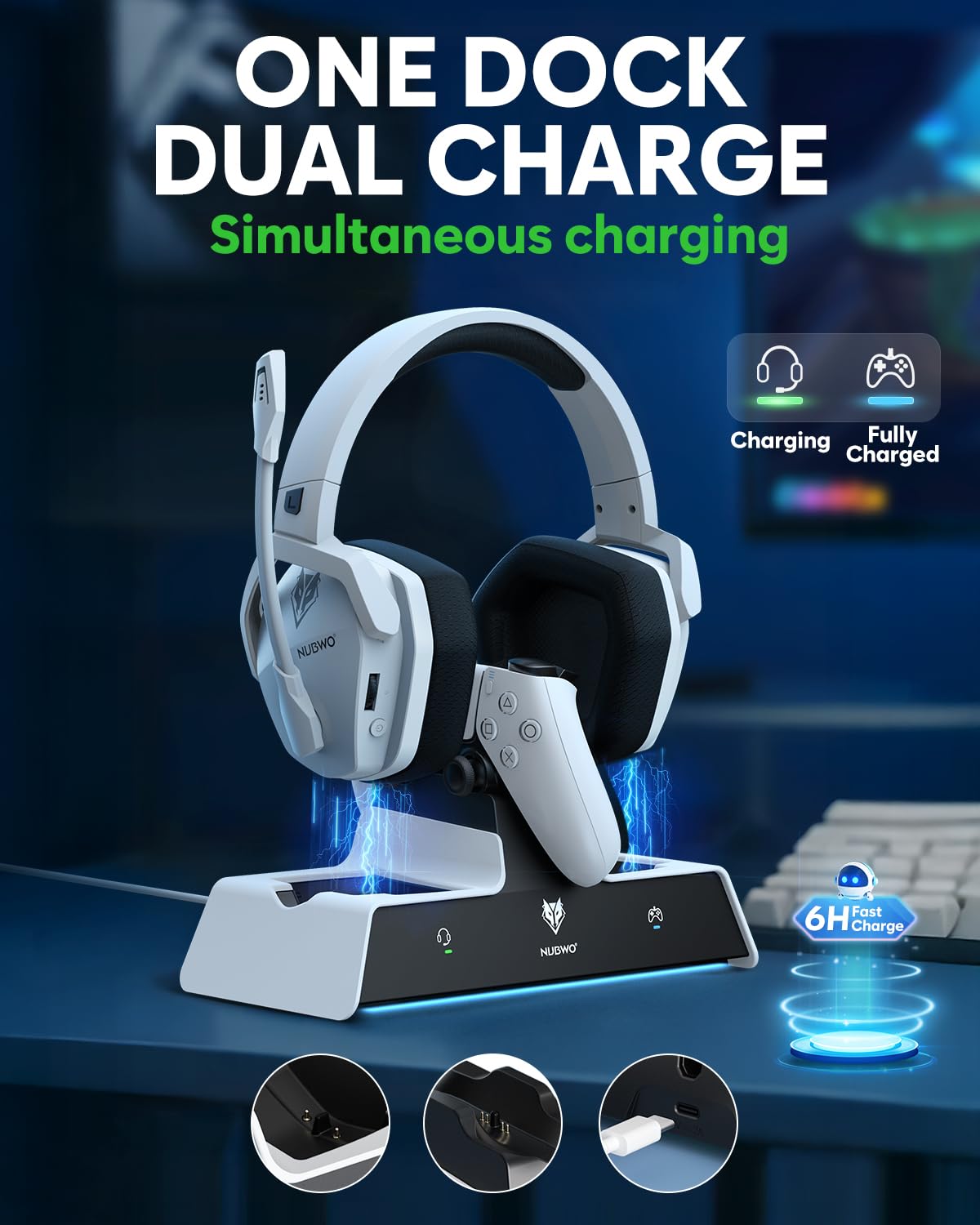 NUBWO G06 Pro Wireless Gaming Headset with Charging Station for Headset & PS5 Controller, 17ms Low Latency, 120H Battery Life, Dynamic 50mm Drivers-White (Only Compatible with PS5)