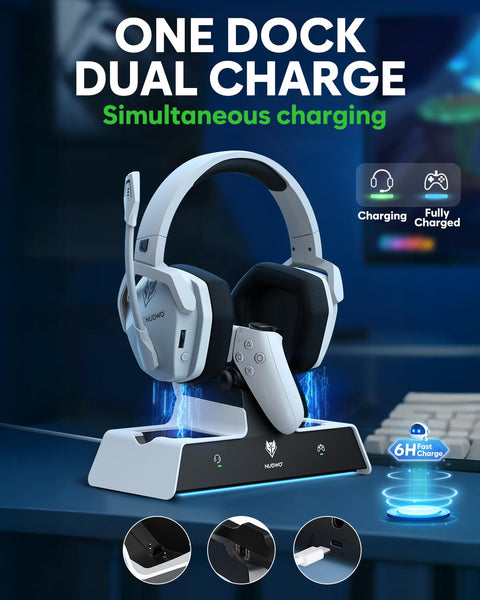 NUBWO G06 Pro Wireless Gaming Headset with Charging Station for Headset & PS5 Controller, 17ms Low Latency, 120H Battery Life, Dynamic 50mm Drivers-White (Only Compatible with PS5)