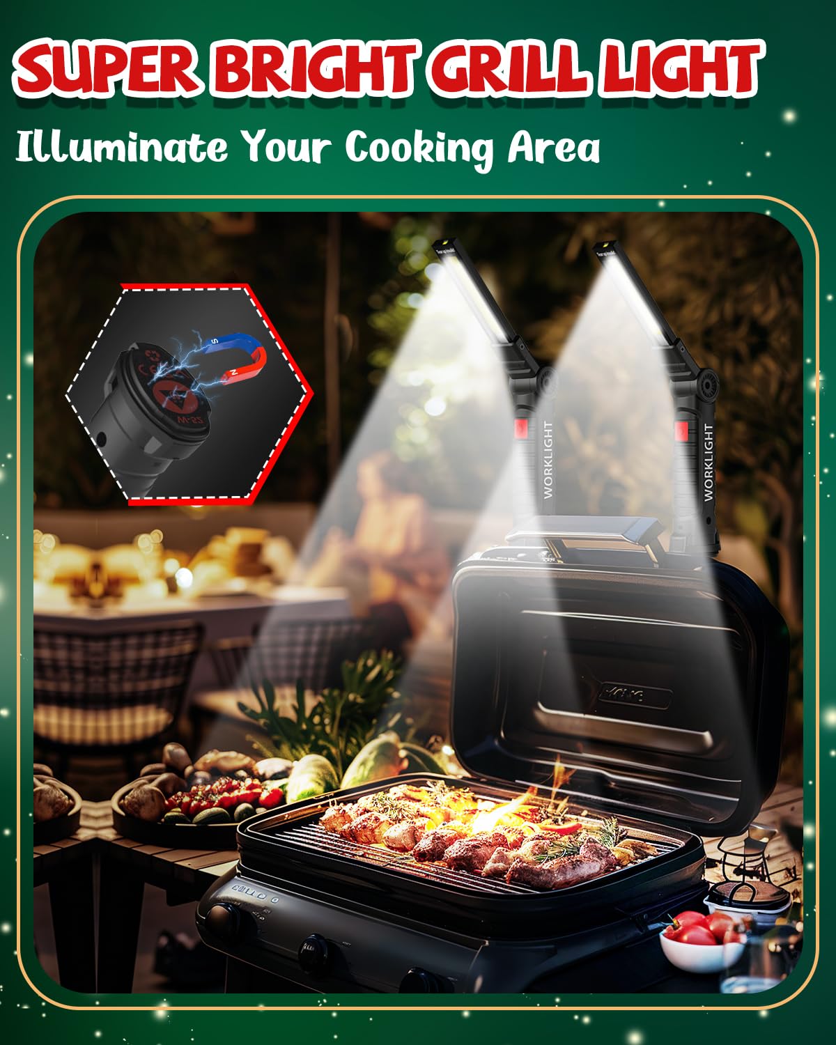 Coquimbo Work Light Christmas Stocking Fillers Gifts for Men Him, LED Torch Rechargeable Inspection Lamp Mechanic Emergency BBQ Light 360° Rotate with Magnetic Base and Hook (2 Pack, Black)