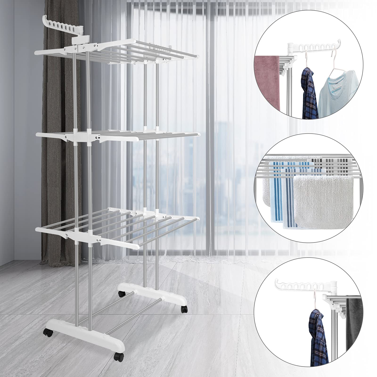 Innotic Clothes Drying Rack Foldable 4 Tier Clothes Airer Stainless Steel Portable Clothes Rail Laundry Dryer Hanger Rack with Wheels for Indoor