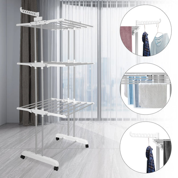 Innotic Clothes Drying Rack Foldable 4 Tier Clothes Airer Stainless Steel Portable Clothes Rail Laundry Dryer Hanger Rack with Wheels for Indoor