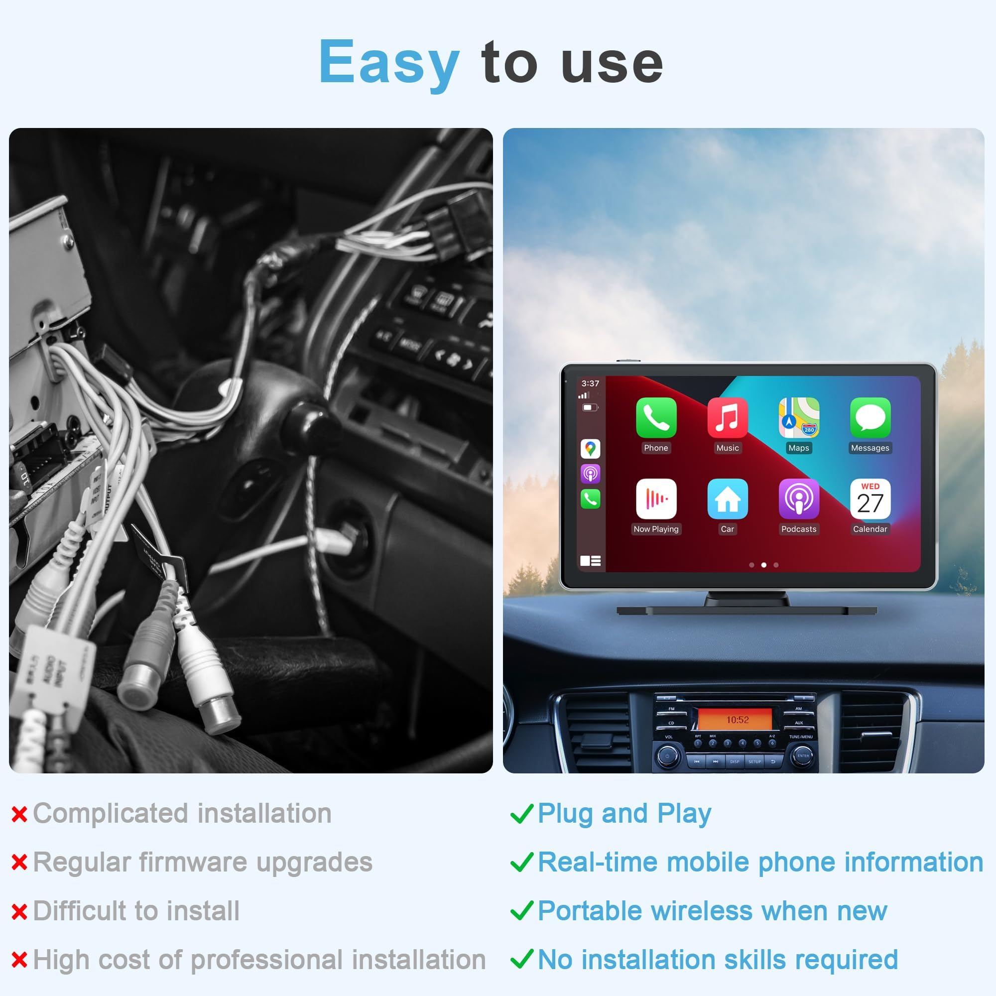 Car Stereo,9 Inch CarPlay Screen for Apple Car play & Android Auto,Portable Car Player Wireless Car Play Screen with Voice Control, Suitable for Most Vehicles (9 Inch +Camera)