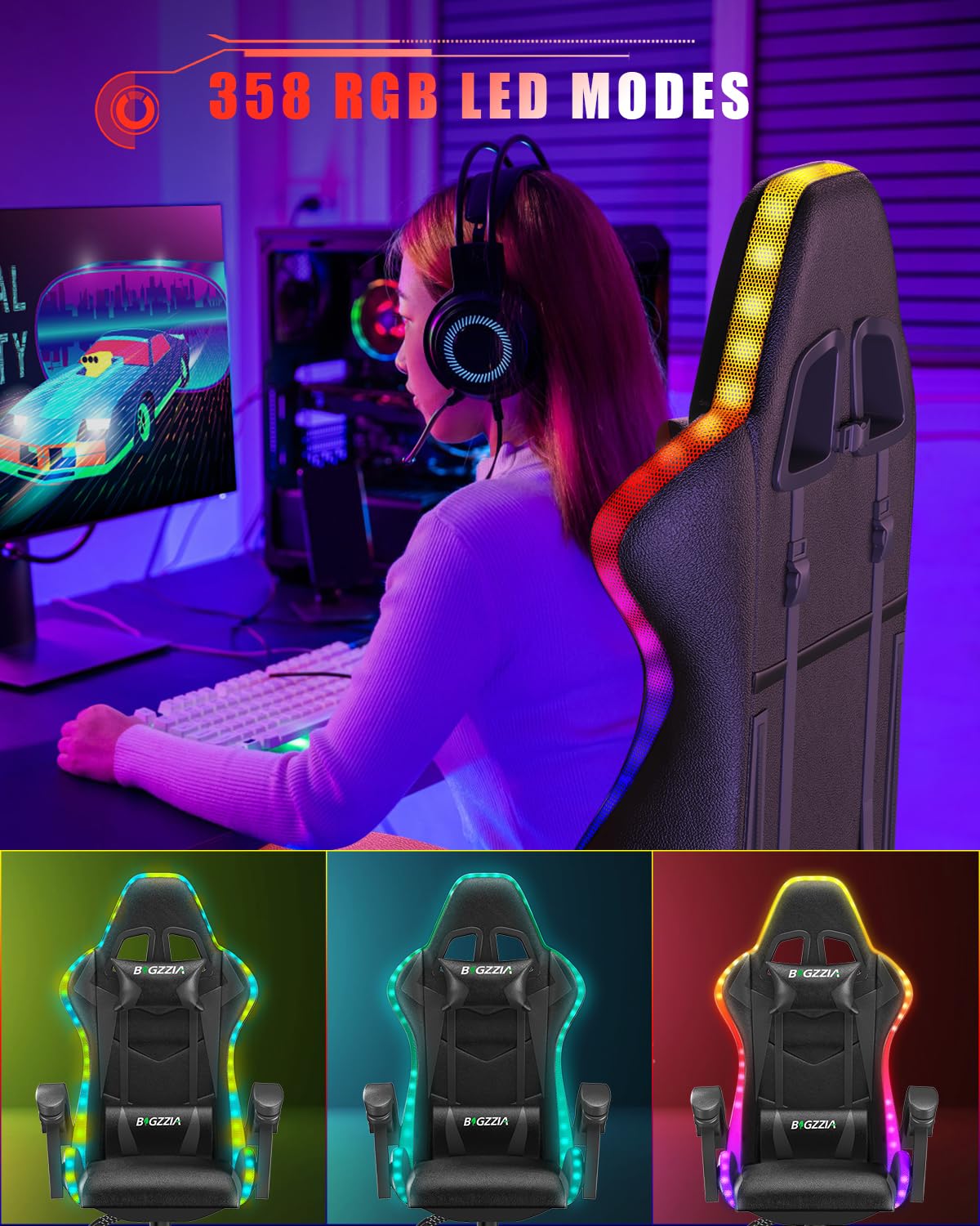 Racingreat Gaming Chair with Led Lights, Video Game Chair, Ergonomic RGB Gaming Chair for Adults, Height Adjustable Reclining Computer Chair with Headrest and Lumbar Support (With RGB, Black)