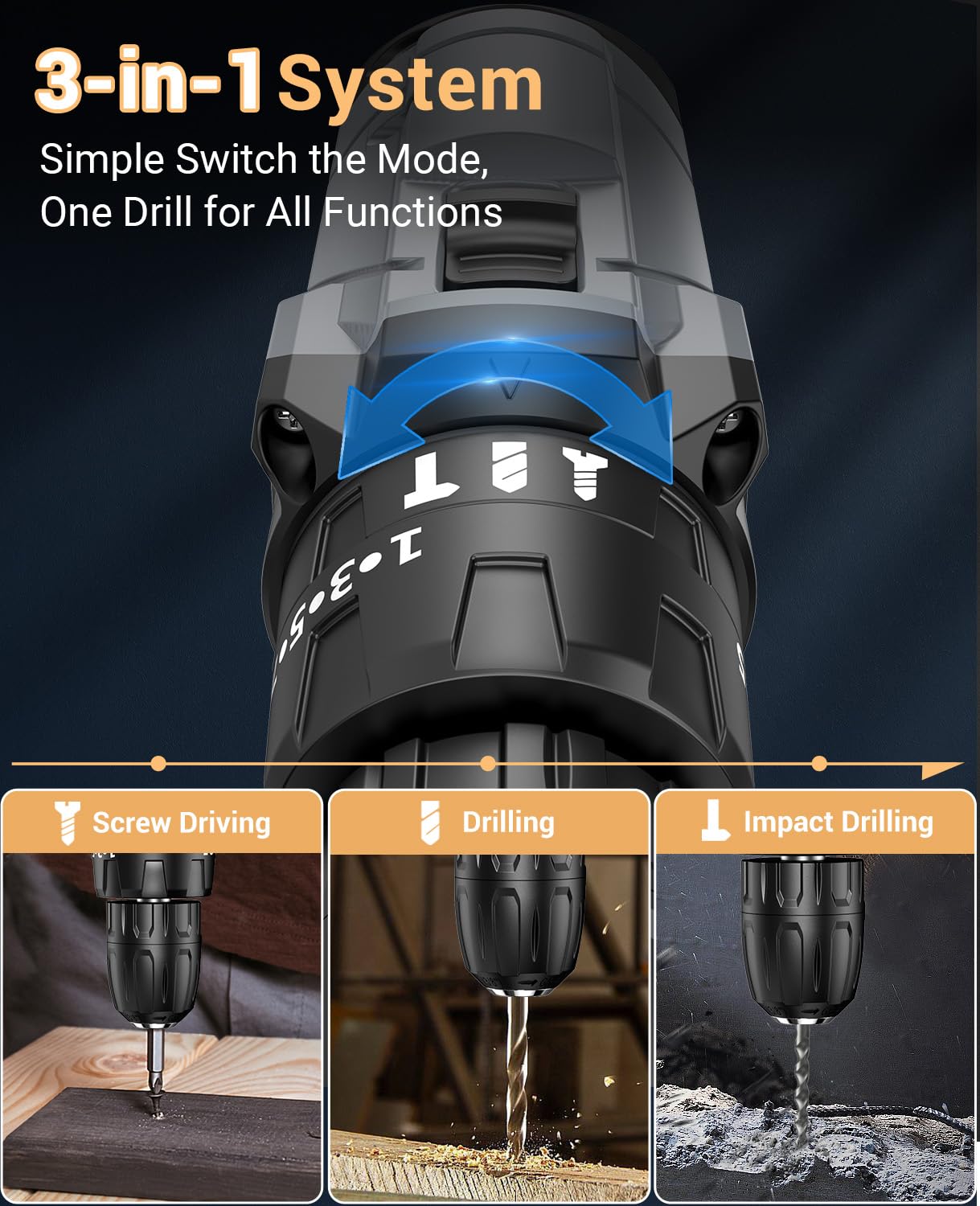 DYJPOW Brushless Cordless Hammer Drill Driver 21V, 2 Batteries 2000mAh, 20+3 Torque, 45N.m Max, 14PCS Drill Bits, 2 Speed, LED Light for Home, Garden DIY