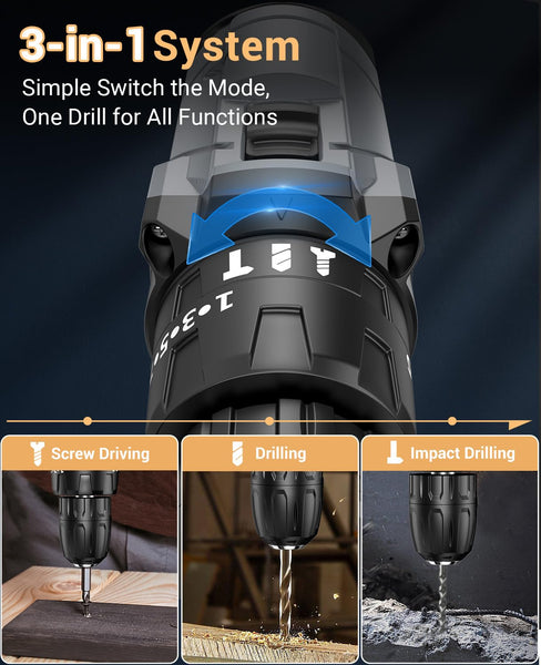 DYJPOW Brushless Cordless Hammer Drill Driver 21V, 2 Batteries 2000mAh, 20+3 Torque, 45N.m Max, 14PCS Drill Bits, 2 Speed, LED Light for Home, Garden DIY