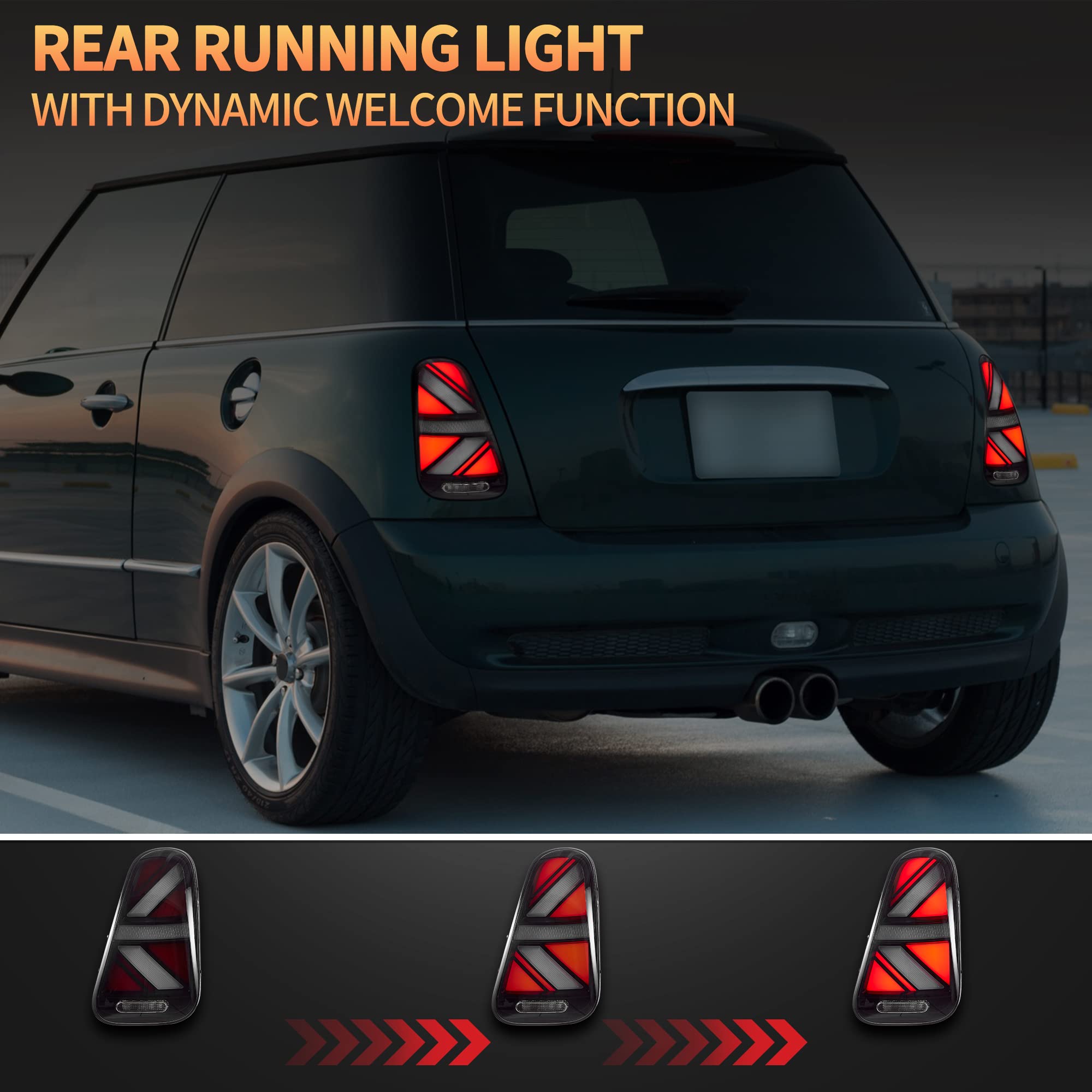 VLAND LED Rear Lights Compatible with Mini Cooper R50 R52 R53 2001-2006 1st Gen Hatch/Convertible, Union Jack Tail Lights w/Startup Dynamic Display & Sequential Indicator, 1 Set (Red)