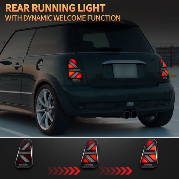 VLAND LED Rear Lights Compatible with Mini Cooper R50 R52 R53 2001-2006 1st Gen Hatch/Convertible, Union Jack Tail Lights w/Startup Dynamic Display & Sequential Indicator, 1 Set (Red)