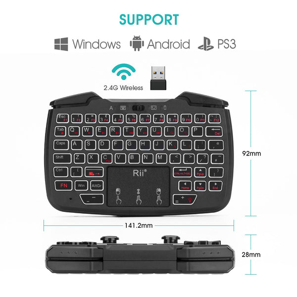 Rii RK707 Mini Keyboard and Mouse Combo with Trackpad, Media Keyboard Mouse with Game Controller, 62-Key Rechargeable Backlit Turbo Vibration for PC/Raspberry pi2/Android TV Google/TV