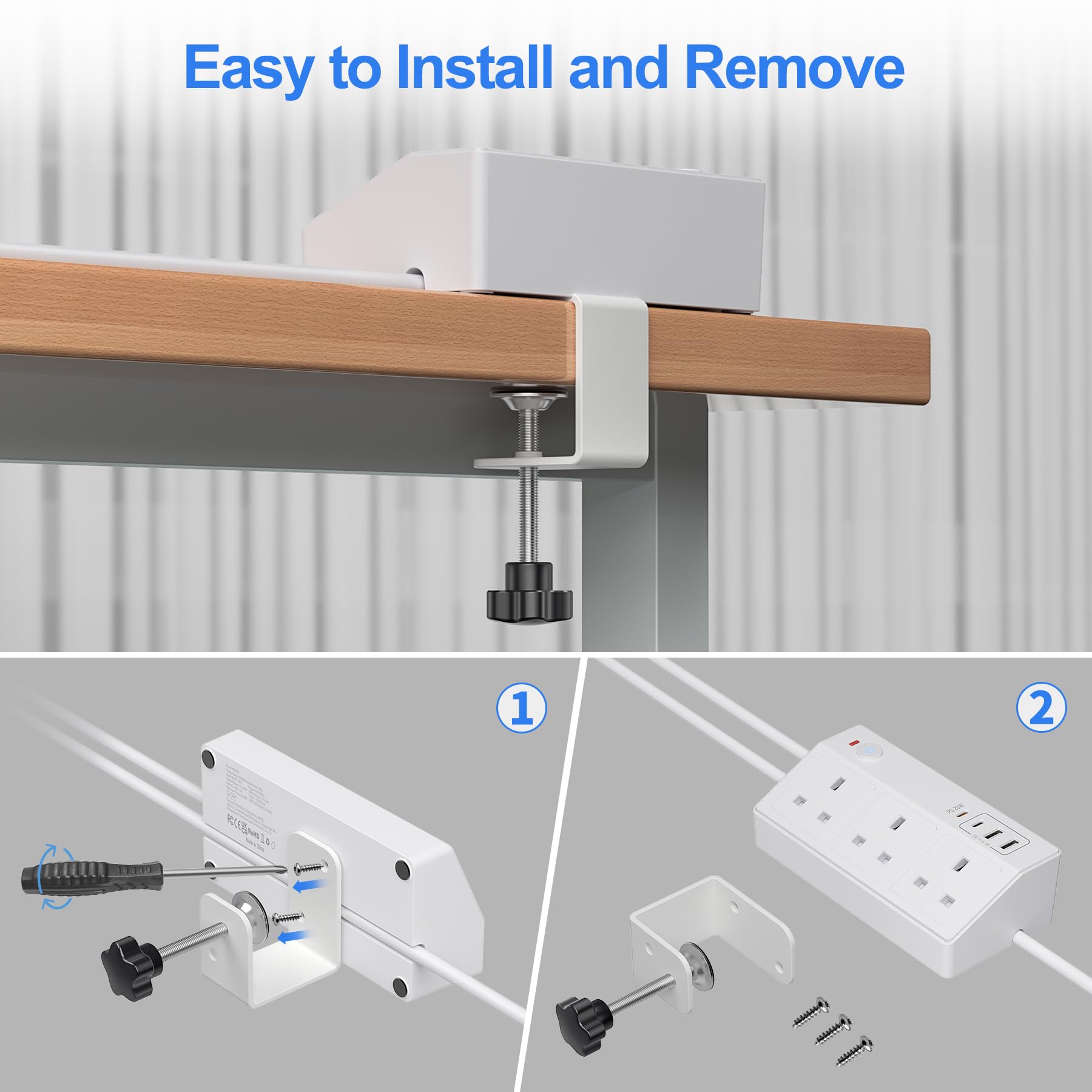 Desk Power Socket with USB C Slots, HAFINO PD 20W Fast Charging Power Station, 2M Extension Lead with USB Slots with Removable Clamp, Desktop Power Strip for Home Office