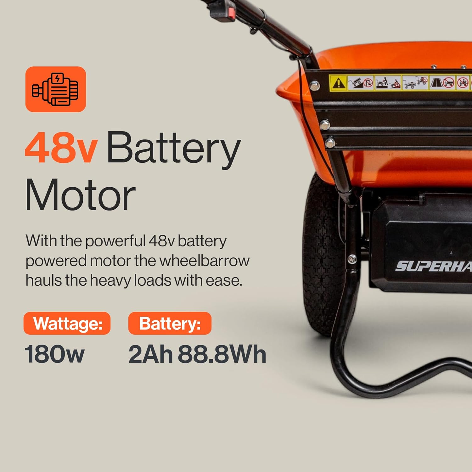 SuperHandy Electric Wheelbarrow – 48V Li-Ion Battery, 150kg Capacity, 85L Steel Powder Coated Tub, Material & Debris Hauler Utility Cart