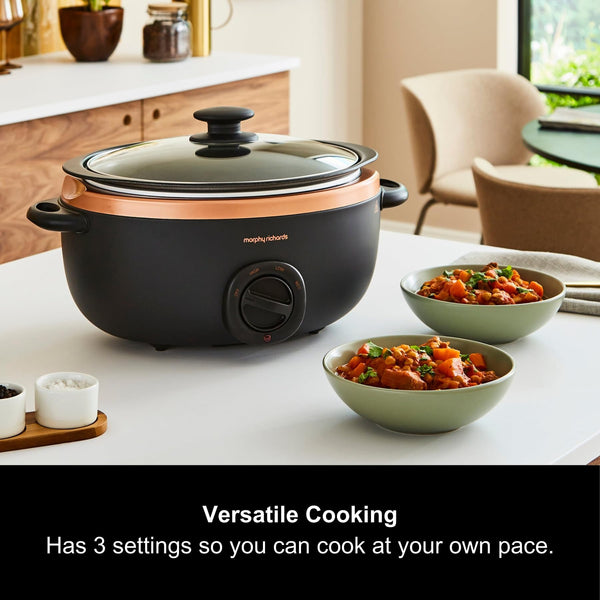 Morphy Richards 6.5L Sear and Stew Slow Cooker, Dishwasher Proof Non Stick Aluminum Pot, Cool Touch Handles, Matte Black and Rose Gold, 461016