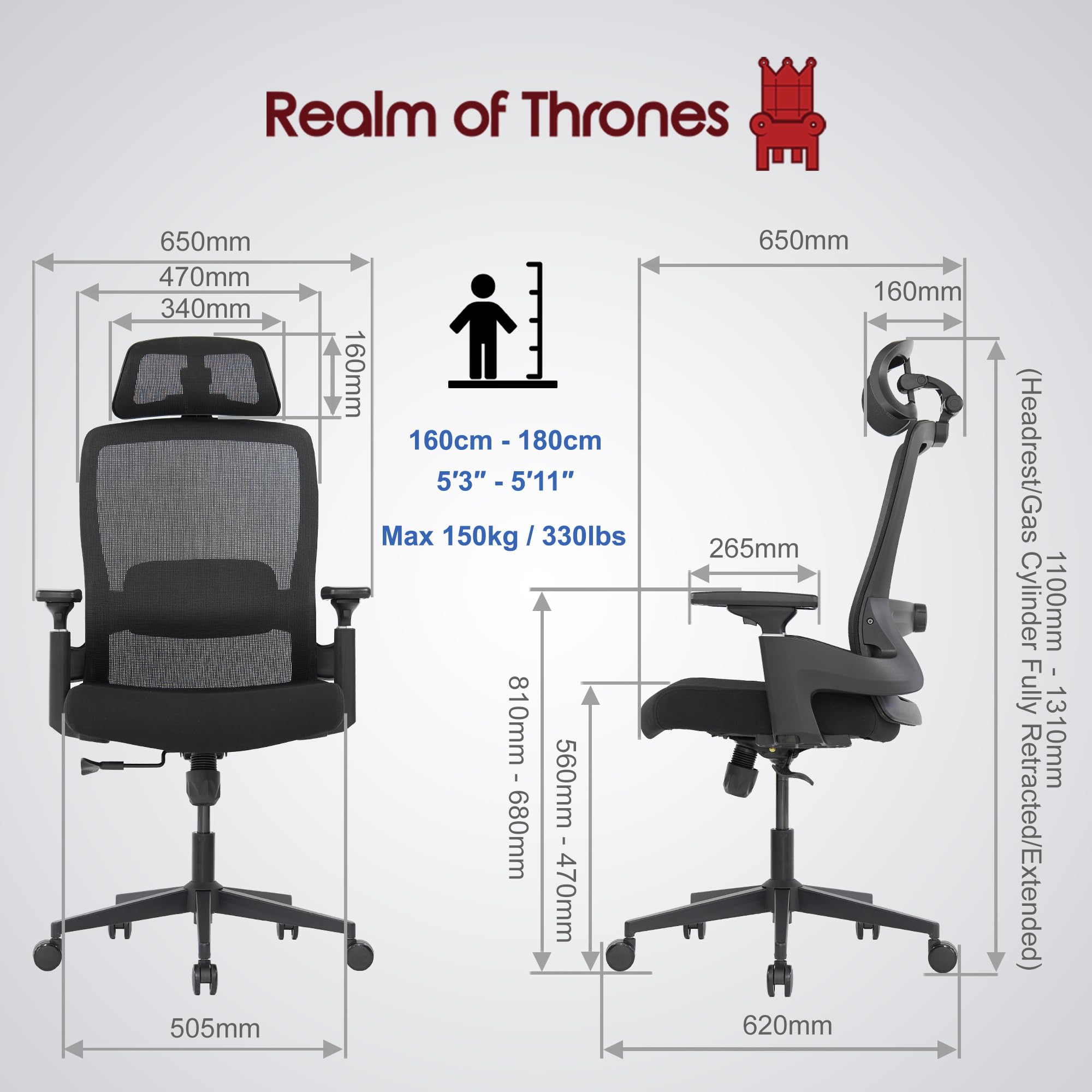 Realm of Thrones CAPTAIN Ergonomic Office Chair for Home, Heavy Duty Steel Base, Versatile Flip-up Armrests, Adjustable Lumbar Support, Mesh Back Comfort Cushion Seat for Computer Desk/Gaming (Black)