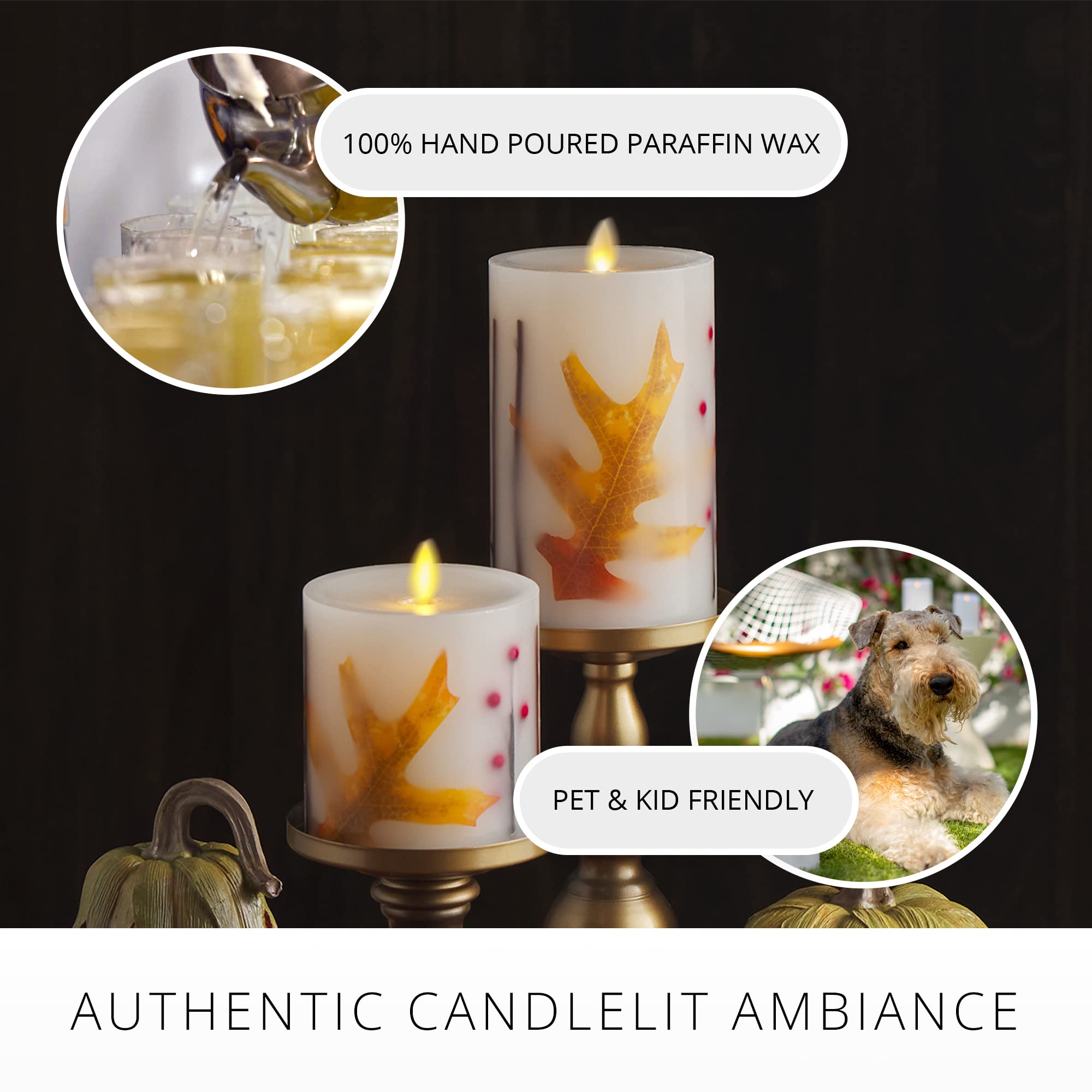 Luminara Embedded Flameless LED Candle - Orange Leaf 3.5" x 6.5" - Moving Flame Pillar, Battery Operated Timer, Real Wax, Unscented, Safe