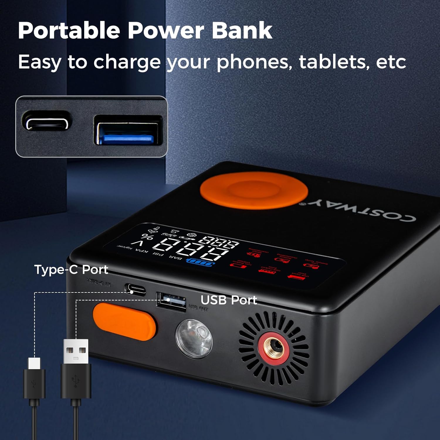 COSTWAY 5-in-1 Jump Starter with Air Compressor, 2000A Peak 13000mAh 12V Car Battery Booster Jump Starter (up to 8.0L Gas or 5.0L Diesel Engine), Powerbank Charger with Jump Leads, LED Flashlight