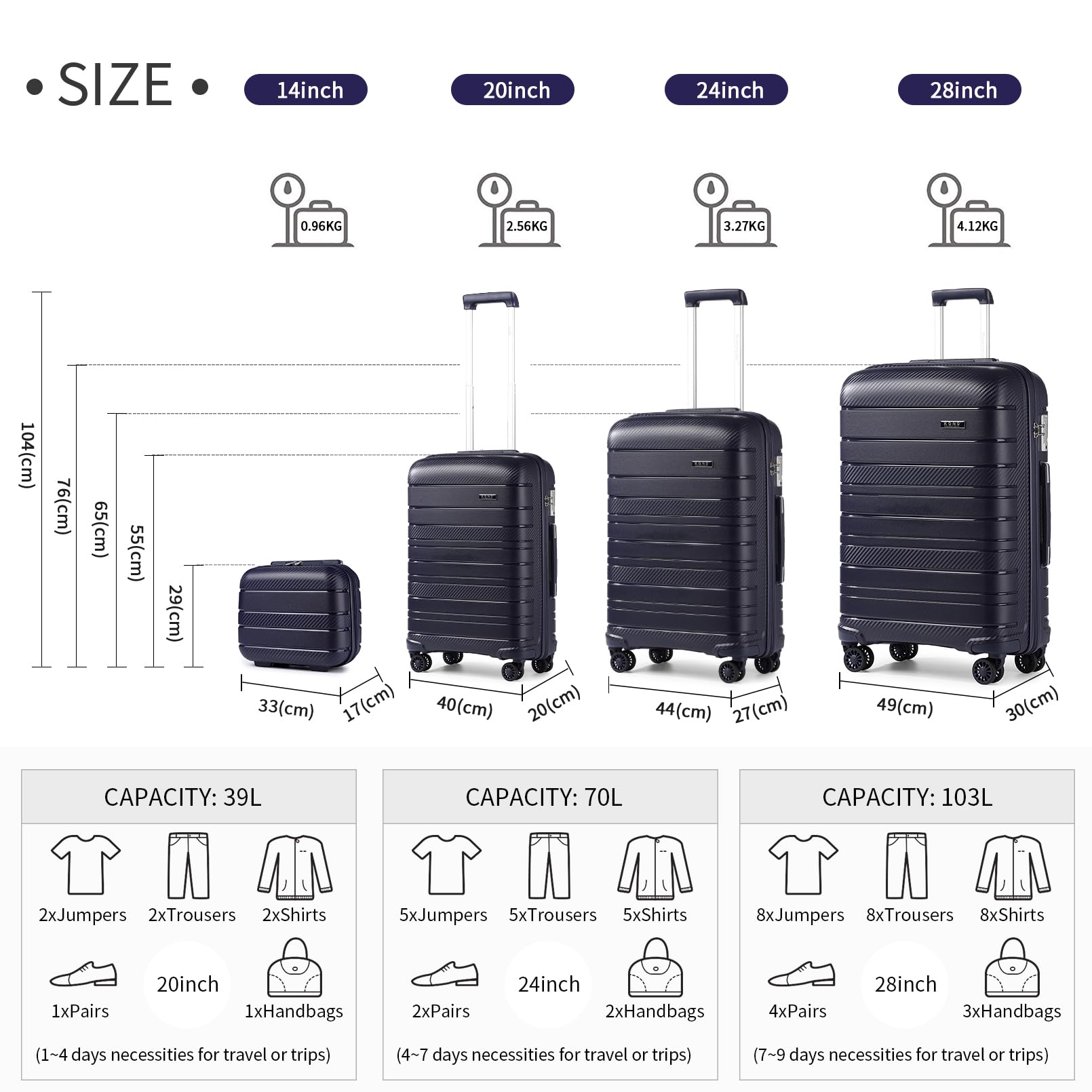 Kono Lightweight Suitcase Hand Luggage Polypropylene Hard Shell Travel Trolley