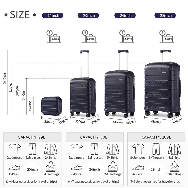 Kono Lightweight Suitcase Hand Luggage Polypropylene Hard Shell Travel Trolley