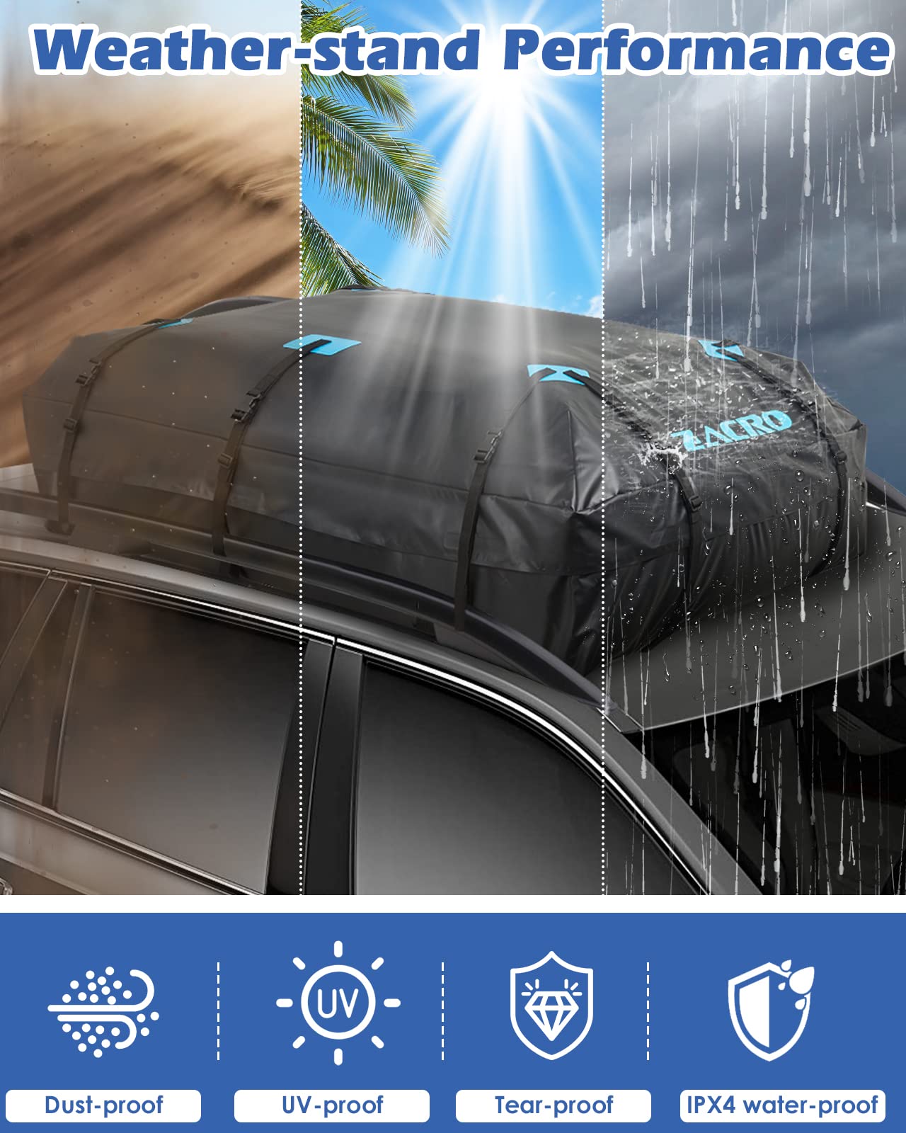 Zacro Car Roof Bag 425 Litres 15 Cubic Feet Cargo Bag, Foldable and Waterproof Car Top Carrier, Straps for Any Car with Roof Rack or No Rails