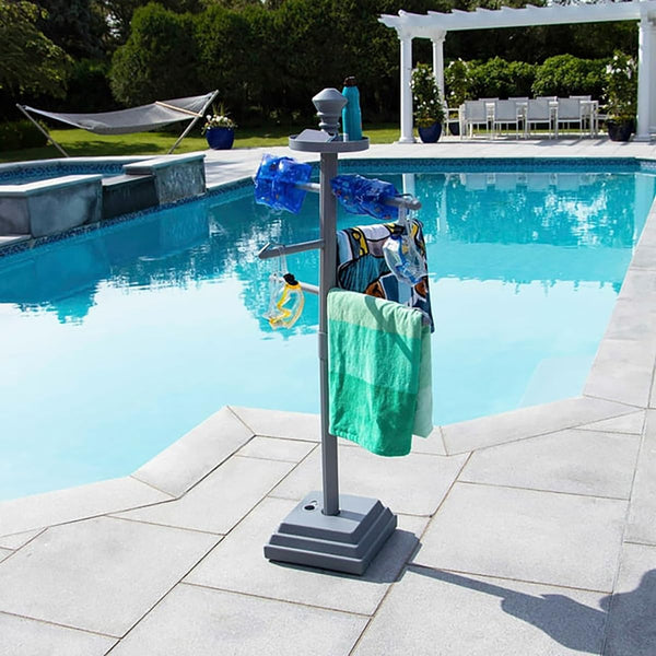 Swimline HYDROTOOLS 89033 Premium Free Standing Poolside Valet Towel Rack Adjustable With Water Weighted Base Three Arms Secure Clips For Outdoors &