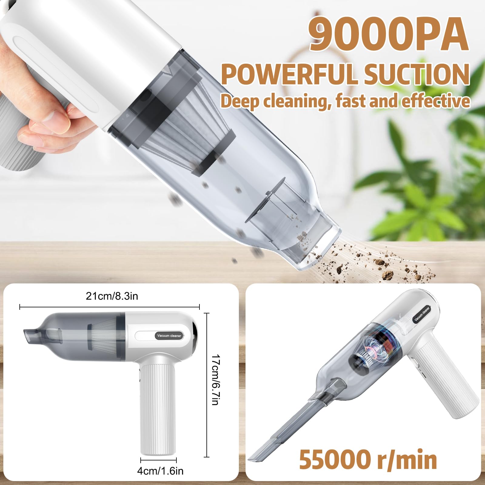 Handheld Vacuum Cordless, 9000Pa Powerful Car Vacuum Cleaner, Rechargeable Portable Lightweight Mini Vacuum Cleaner, USB Car Vacuum Cleaner Car Cleaner for Pet Hair, Car, Home, Office, Kitchen