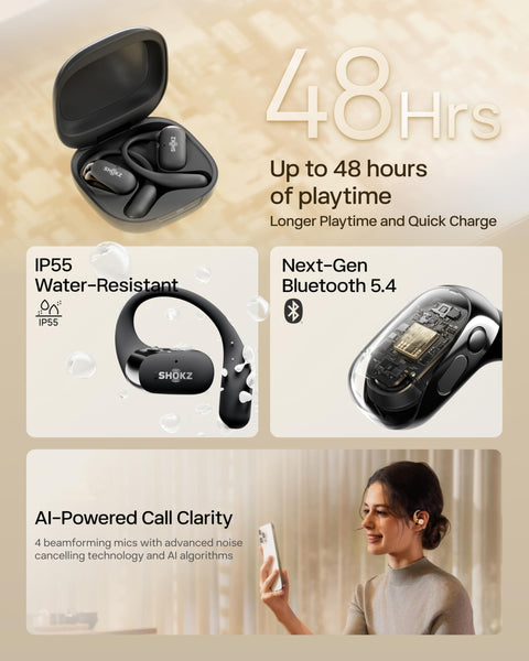SHOKZ OpenFit 2 Open-Ear Headphones, True Wireless Bluetooth Earphones with Microphone, Earhook Earbuds with 48 Hours of Playtime, USB-C Fast Charging, IP55 Water-Resistant, with Carrying bag, Black