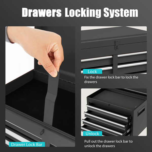 COSTWAY Large Rolling Tool Cabinet, 2-in-1 Detachable Metal Tool Chest with Drawers, Wheel, Handle, Hooks & Pegboard, Lockable Tool Box Trolley for Garage Workshop (with Middle Compartment, Black)