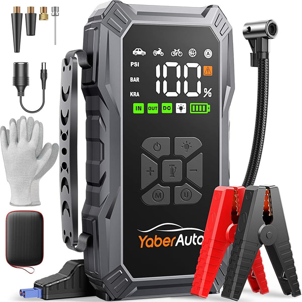 Jump Starter Power Pack with Air Compressor, YaberAuto 6000A Portable Car Battery Booster (All Petrol/10L Diesel), 12V Car Jump Starter Power Bank with Jump Leads, LCD Screen, Emergency Light