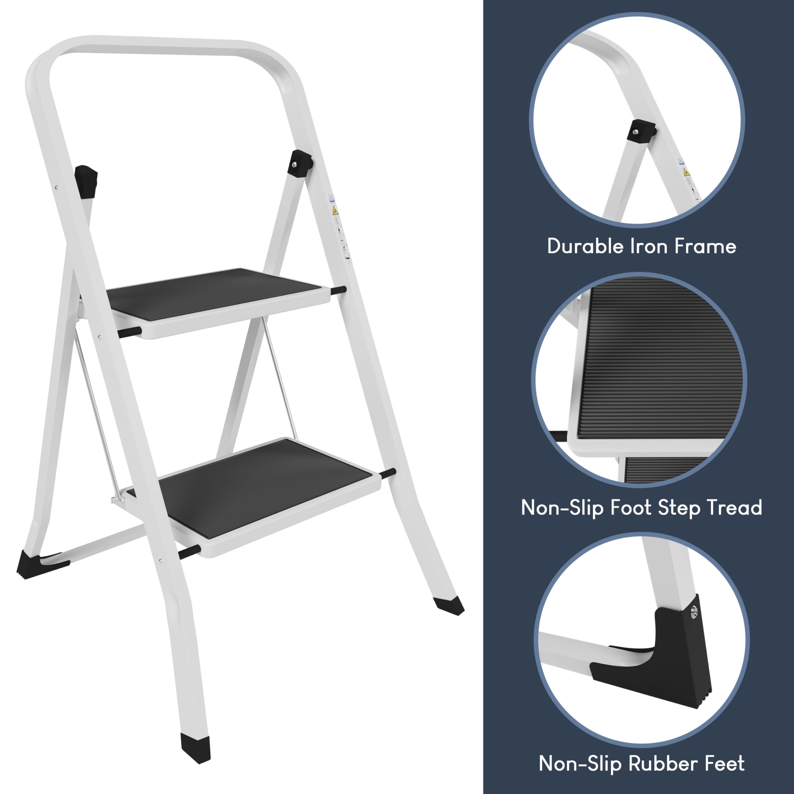 Home Vida 3 Step Ladder - Heavy Duty Steel Folding Ladder with Slip-Resistant and Wide Steps, Folding Mechanism, 150kg Max Load, Home/Kitchen/DIY/Garden Use, White